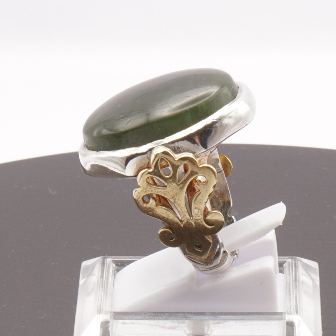 925 Silber Herren Aqeeq Ring - Burma-Jade mit Kupfer-Details Massiv - Handarbeit