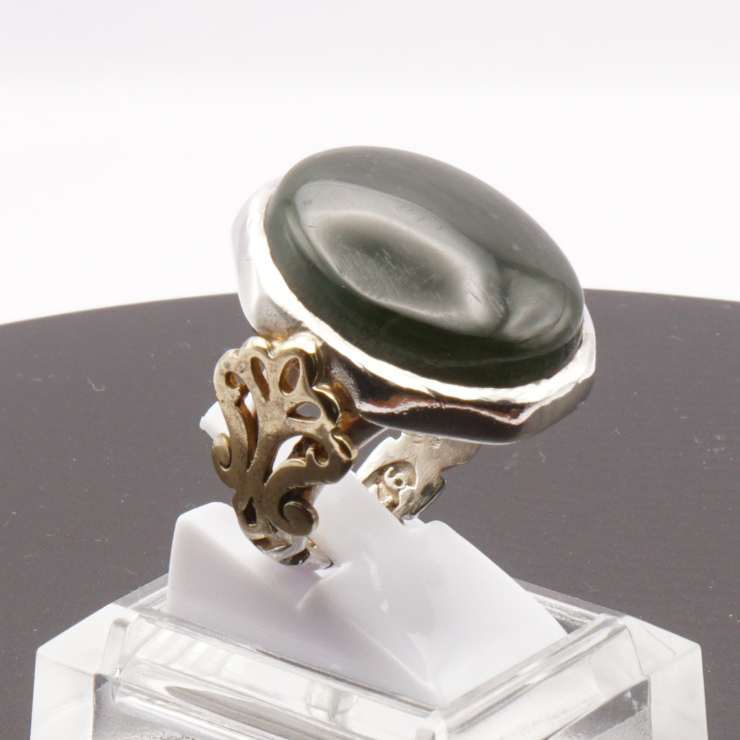 925 Silber Herren Aqeeq Ring - Burma-Jade mit Kupfer-Details Massiv - Handarbeit