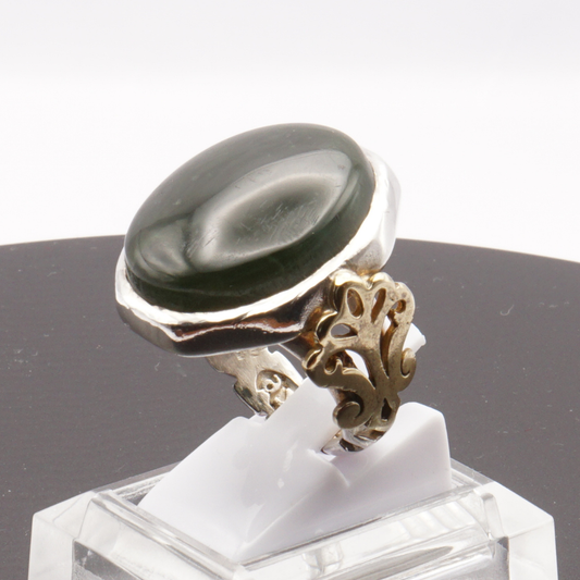925 Silber Herren Aqeeq Ring - Burma-Jade mit Kupfer-Details Massiv - Handarbeit