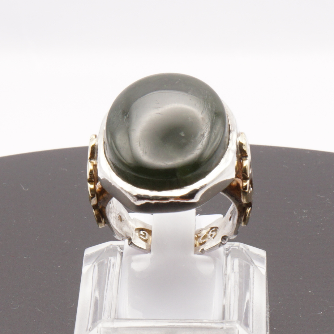 925 Silber Herren Aqeeq Ring - Burma-Jade mit Kupfer-Details Massiv - Handarbeit