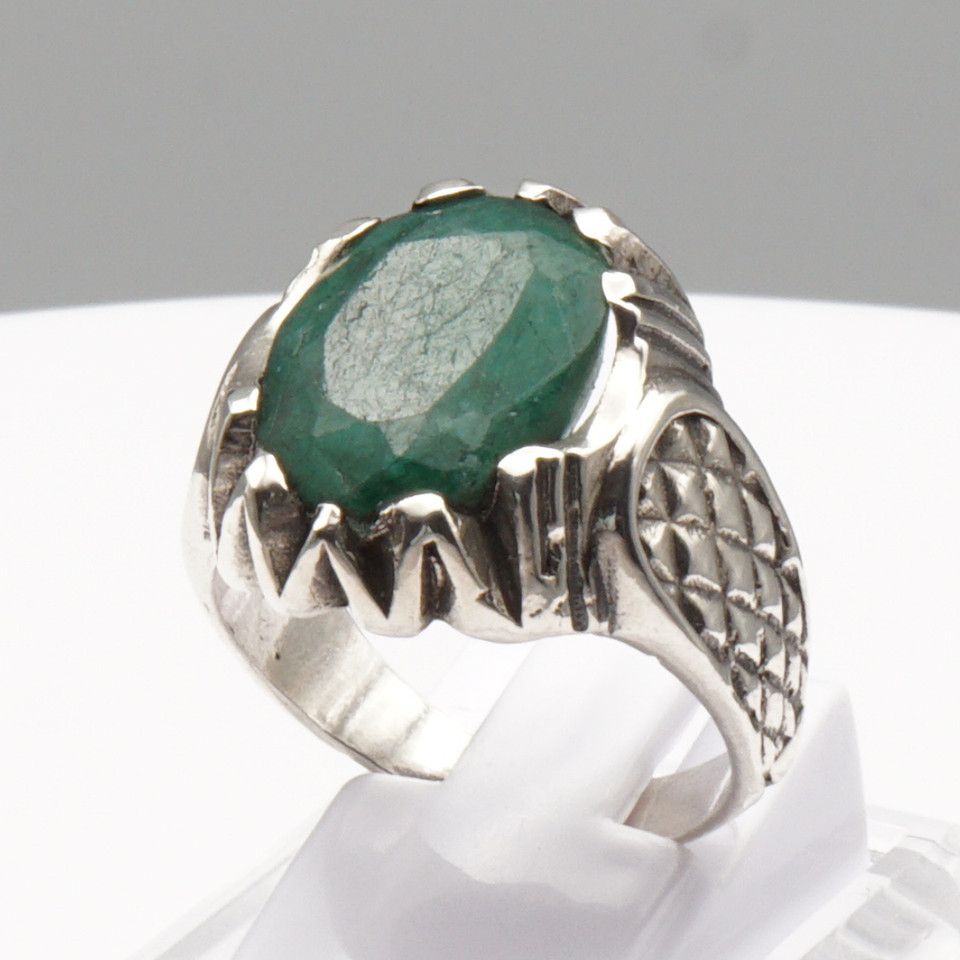 925 Silber Massiver Herrenring mit echtem Smaragd - Handarbeit