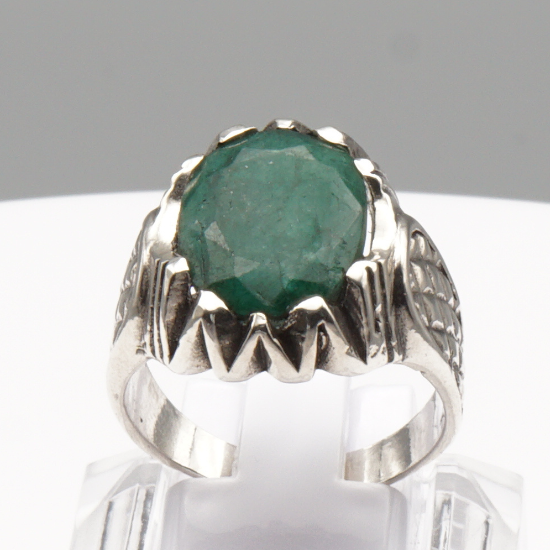 925 Silber Massiver Herrenring mit echtem Smaragd - Handarbeit