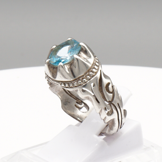 925 Silber Herrenring mit echtem Blautopas - Handarbeit Gravur: Ya Ali