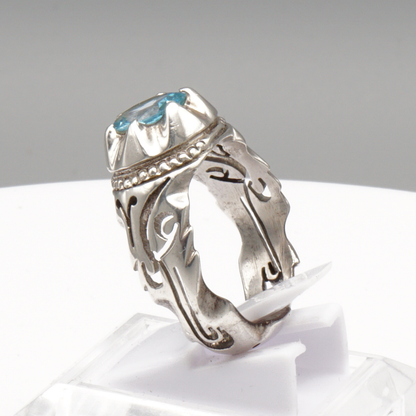 925 Silber Herrenring mit echtem Blautopas - Handarbeit Gravur: Ya Ali