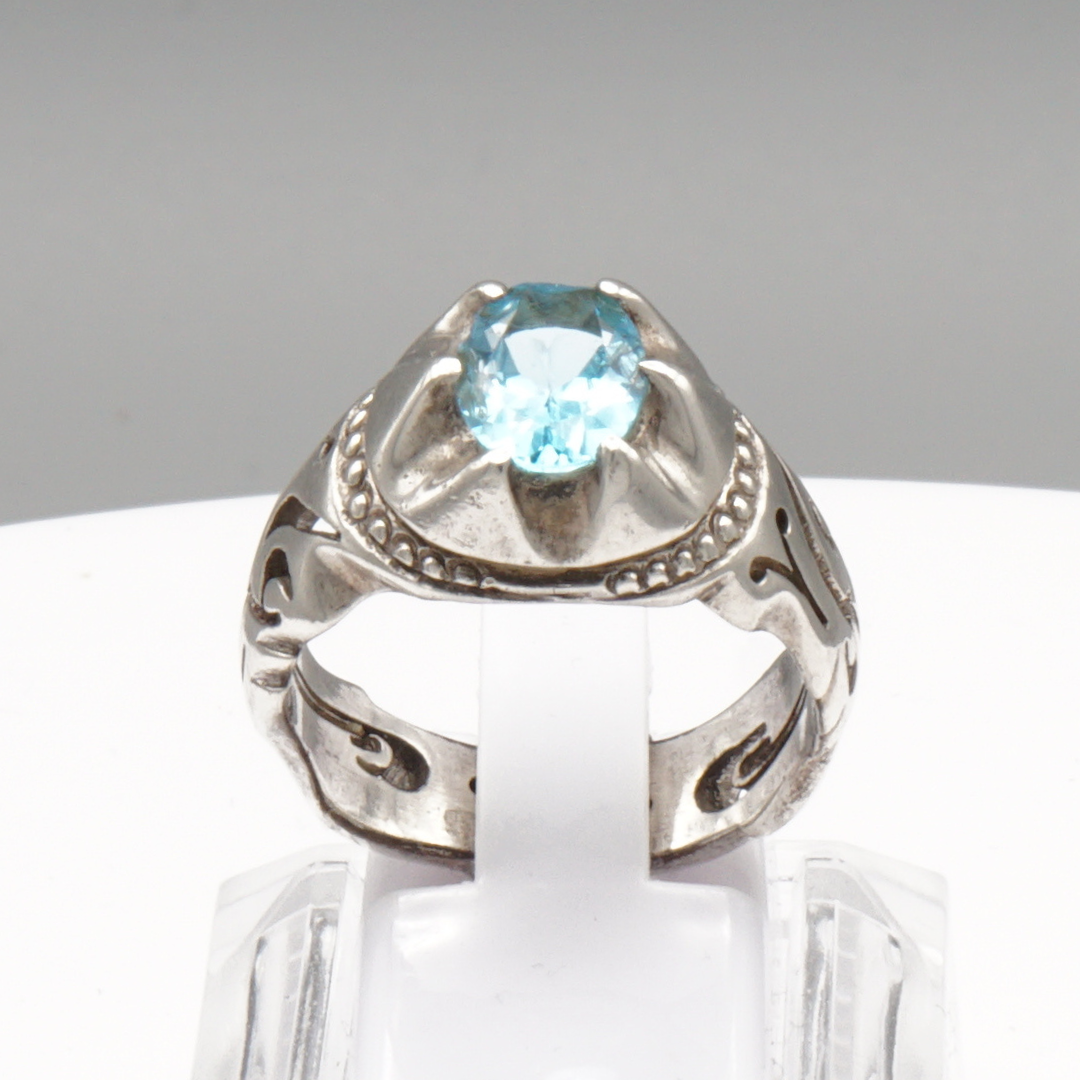 925 Silber Herrenring mit echtem Blautopas - Handarbeit Gravur: Ya Ali