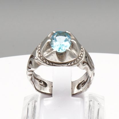 925 Silber Herrenring mit echtem Blautopas - Handarbeit Gravur: Ya Ali