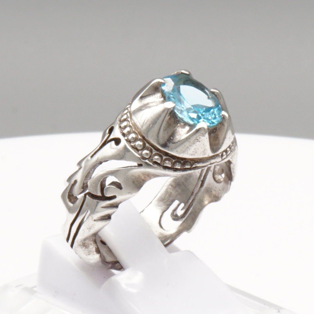 925 Silber Herrenring mit echtem Blautopas - Handarbeit Gravur: Ya Ali