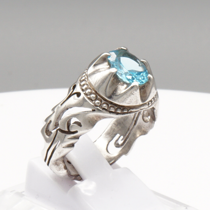 925 Silber Herrenring mit echtem Blautopas - Handarbeit Gravur: Ya Ali