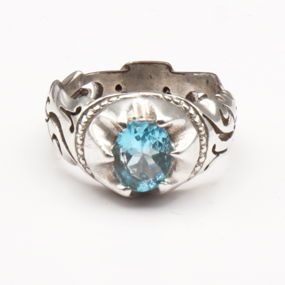 925 Silber Herrenring mit echtem Blautopas - Handarbeit Gravur: Ya Ali