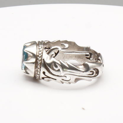 925 Silber Herrenring mit echtem Blautopas - Handarbeit Gravur: Ya Ali