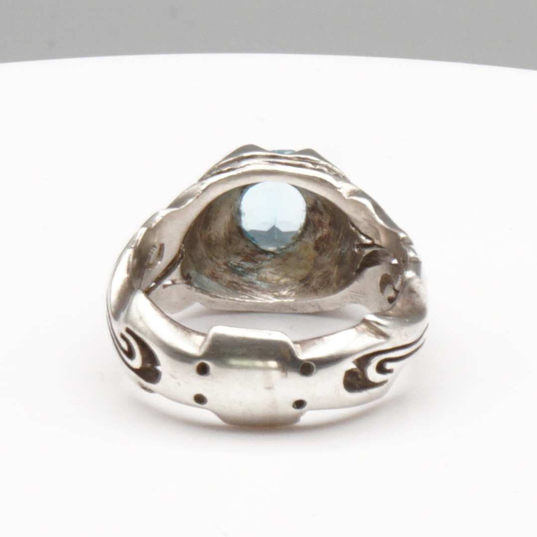 925 Silber Herrenring mit echtem Blautopas - Handarbeit Gravur: Ya Ali