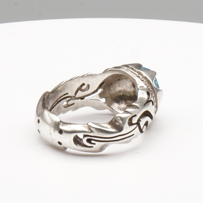 925 Silber Herrenring mit echtem Blautopas - Handarbeit Gravur: Ya Ali