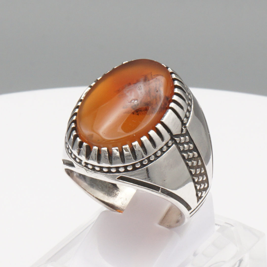 925 Silber Herrenring mit Jemen Achat - Aqeeq Yamani Handarbeit