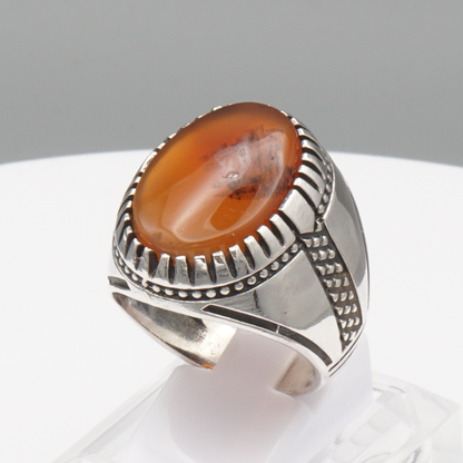 925 Silber Herrenring mit Jemen Achat - Aqeeq Yamani Handarbeit