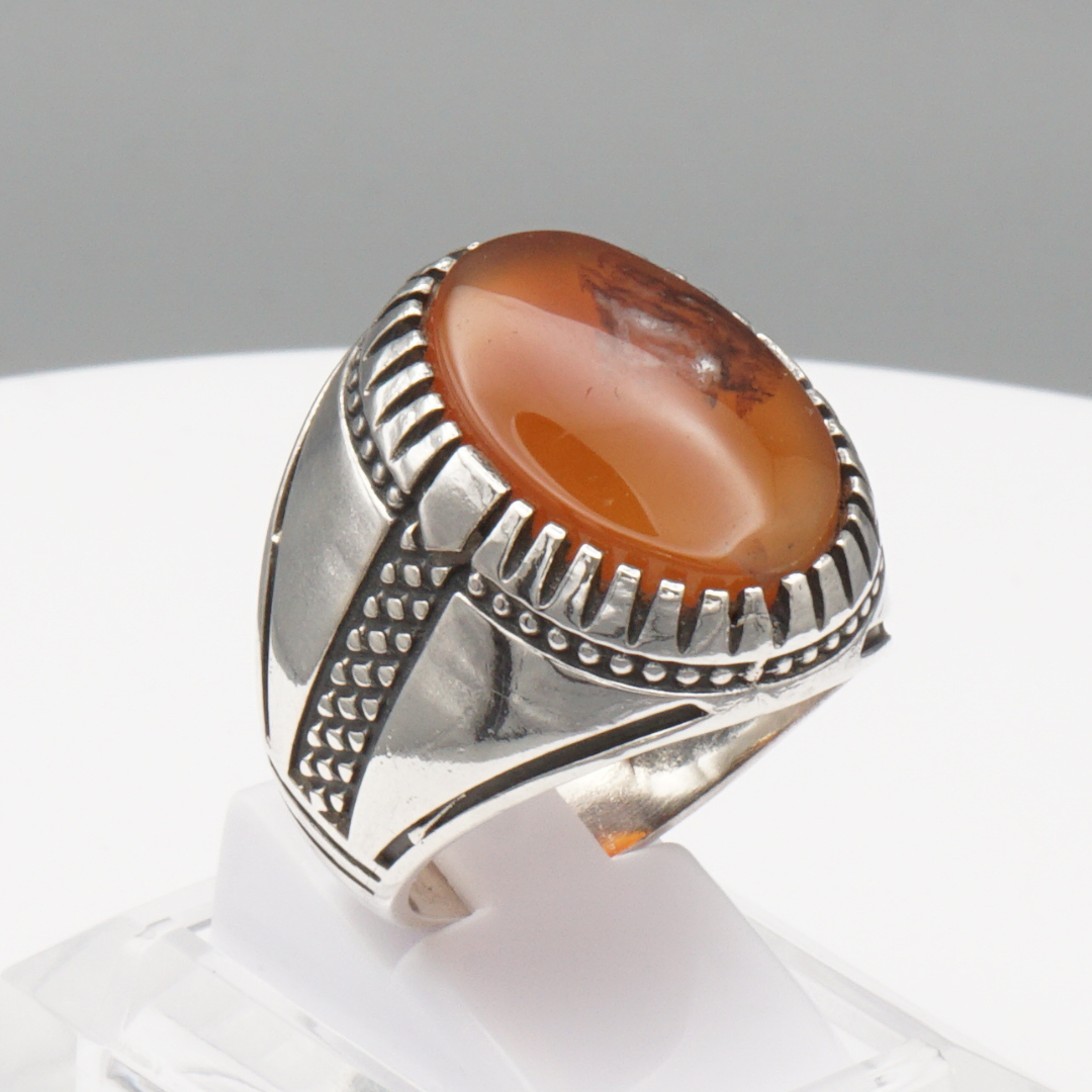 925 Silber Herrenring mit Jemen Achat - Aqeeq Yamani Handarbeit