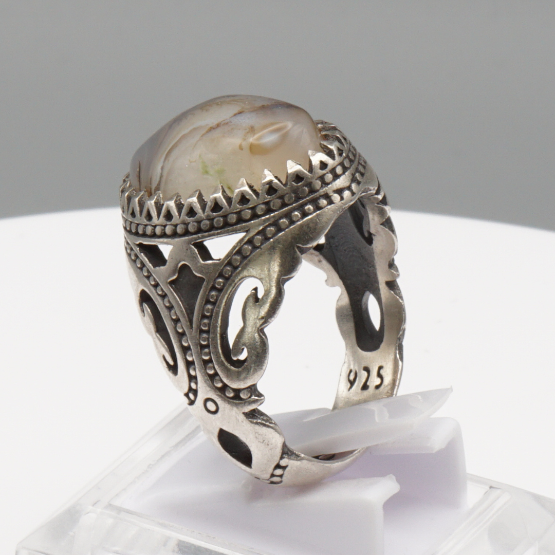 925 Silber Herrenring mit Jemen Achat - Aqeeq Yamani Handarbeit