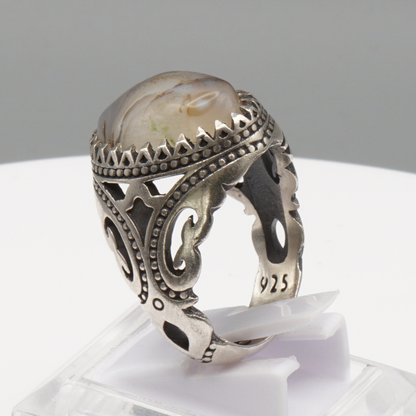 925 Silber Herrenring mit Jemen Achat - Aqeeq Yamani Handarbeit