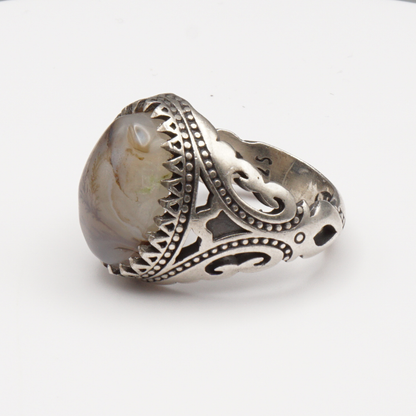 925 Silber Herrenring mit Jemen Achat - Aqeeq Yamani Handarbeit