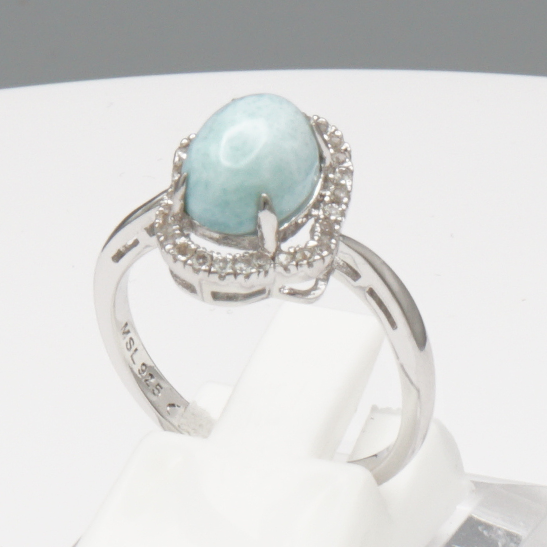 925 Silber Damenring mit natürlichem Larimar und Weißtopas