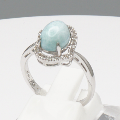 925 Silber Damenring mit natürlichem Larimar und Weißtopas