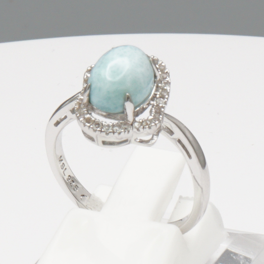 925 Silber Damenring mit natürlichem Larimar und Weißtopas