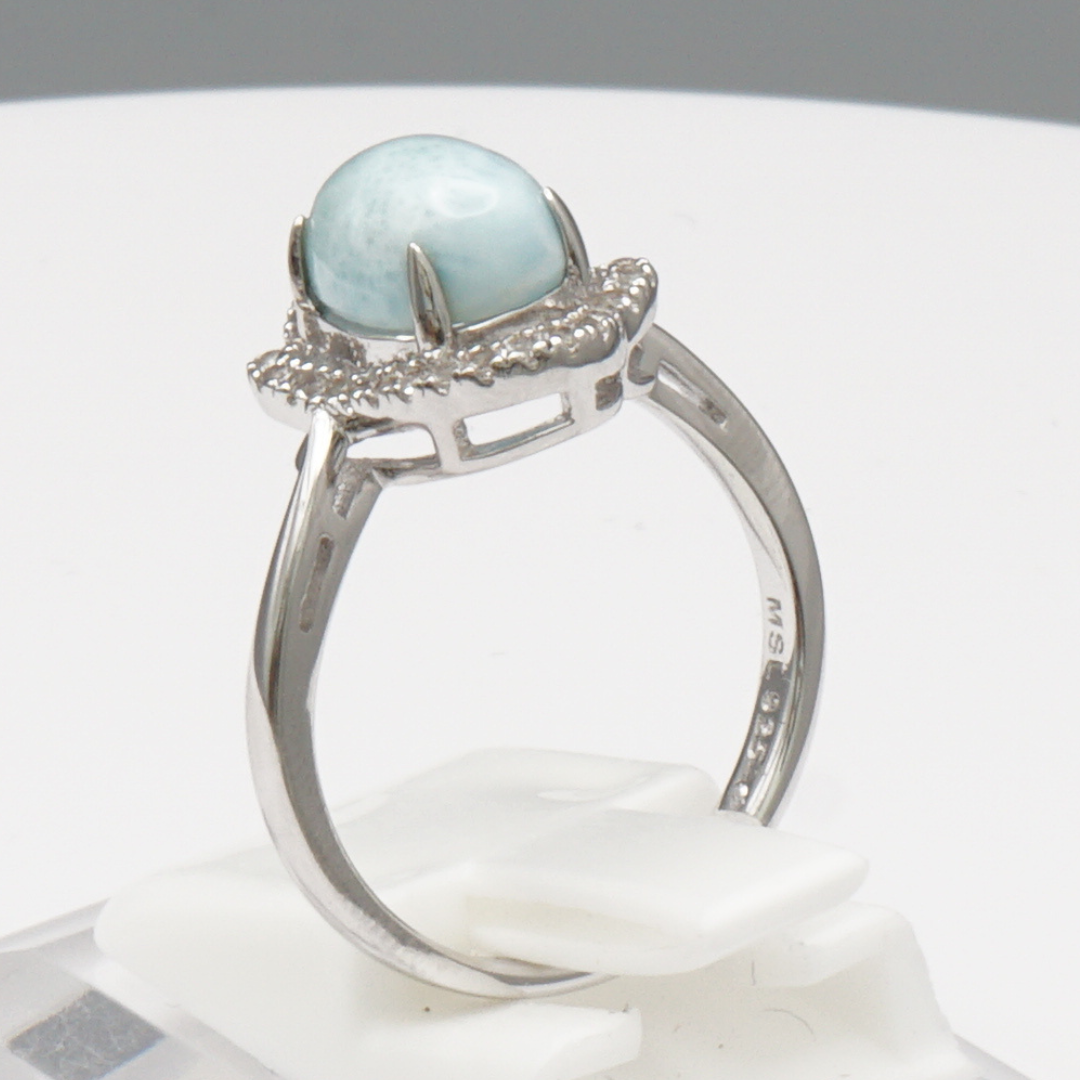 925 Silber Damenring mit natürlichem Larimar und Weißtopas