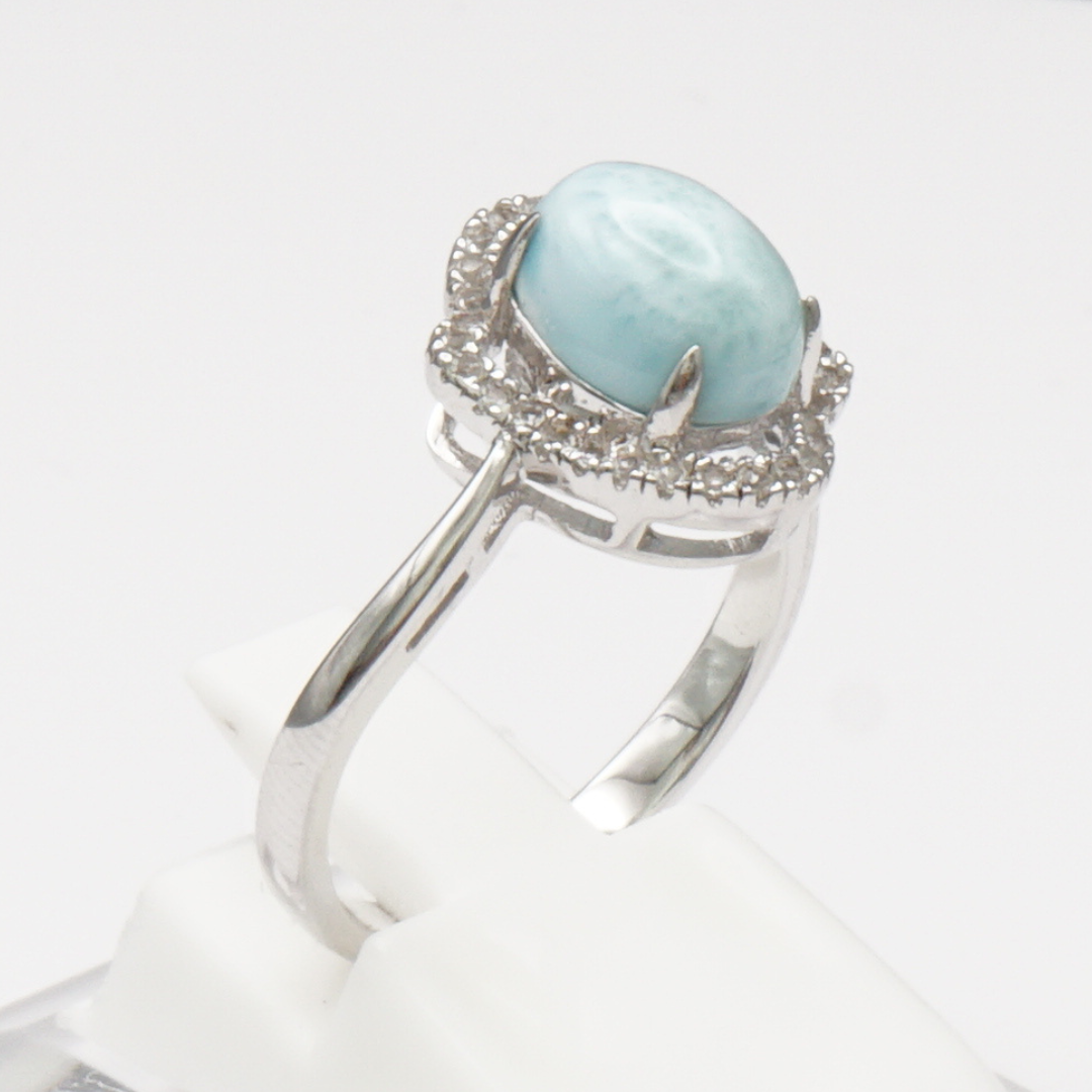 925 Silber Damenring mit natürlichem Larimar und Weißtopas