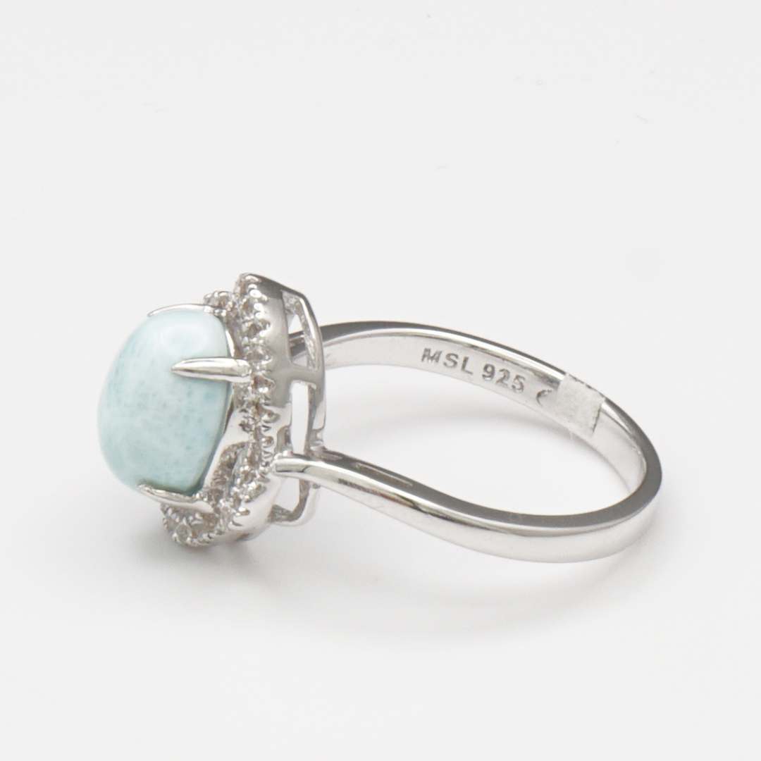 925 Silber Damenring mit natürlichem Larimar und Weißtopas