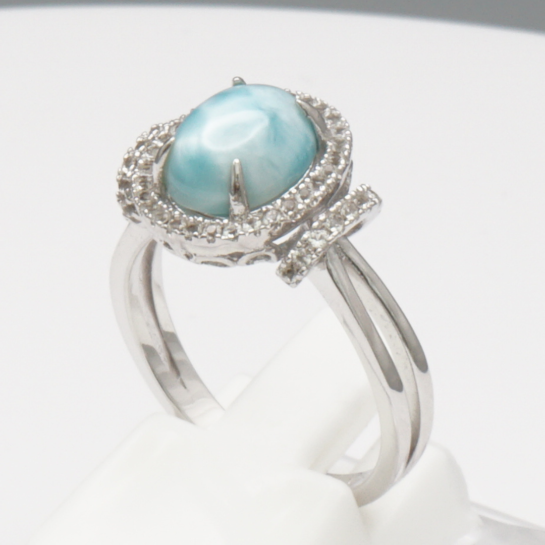 925 Silber Damenring mit natürlichem Larimar und Weißtopas
