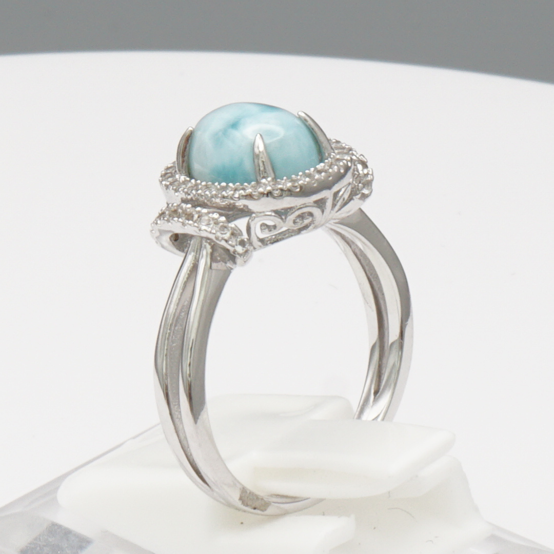 925 Silber Damenring mit natürlichem Larimar und Weißtopas