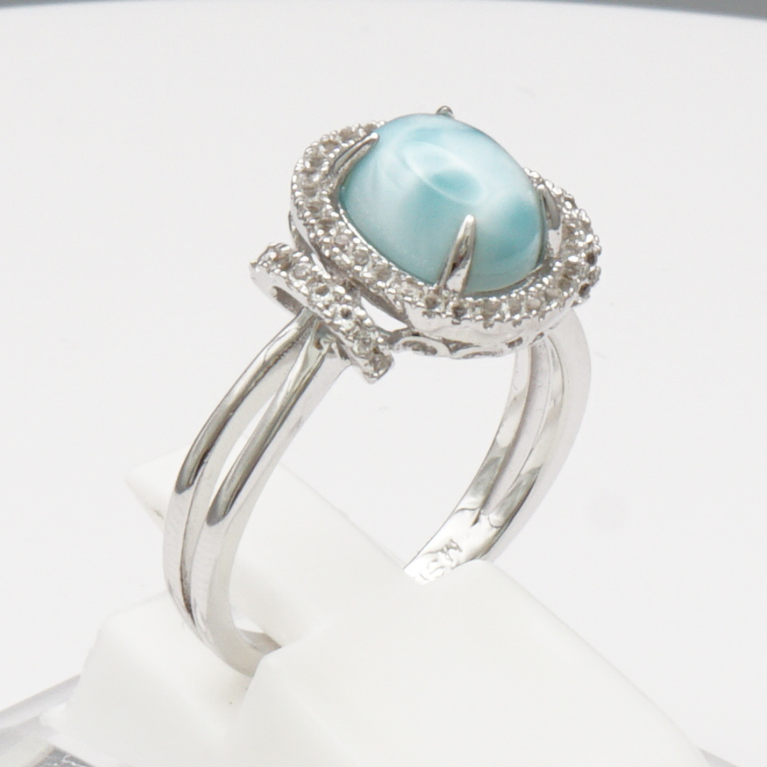 925 Silber Damenring mit natürlichem Larimar und Weißtopas