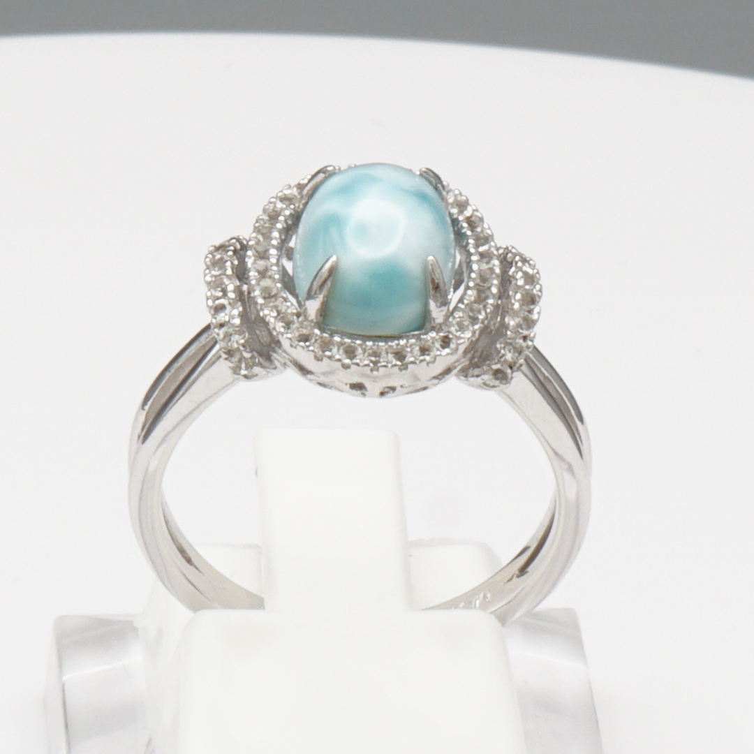 925 Silber Damenring mit natürlichem Larimar und Weißtopas