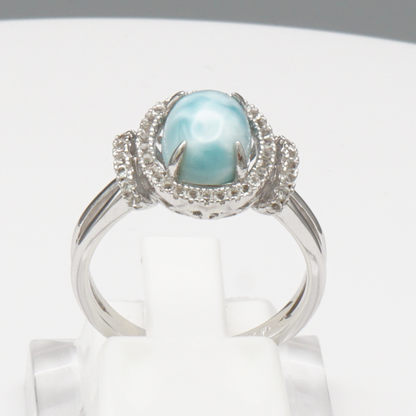 925 Silber Damenring mit natürlichem Larimar und Weißtopas