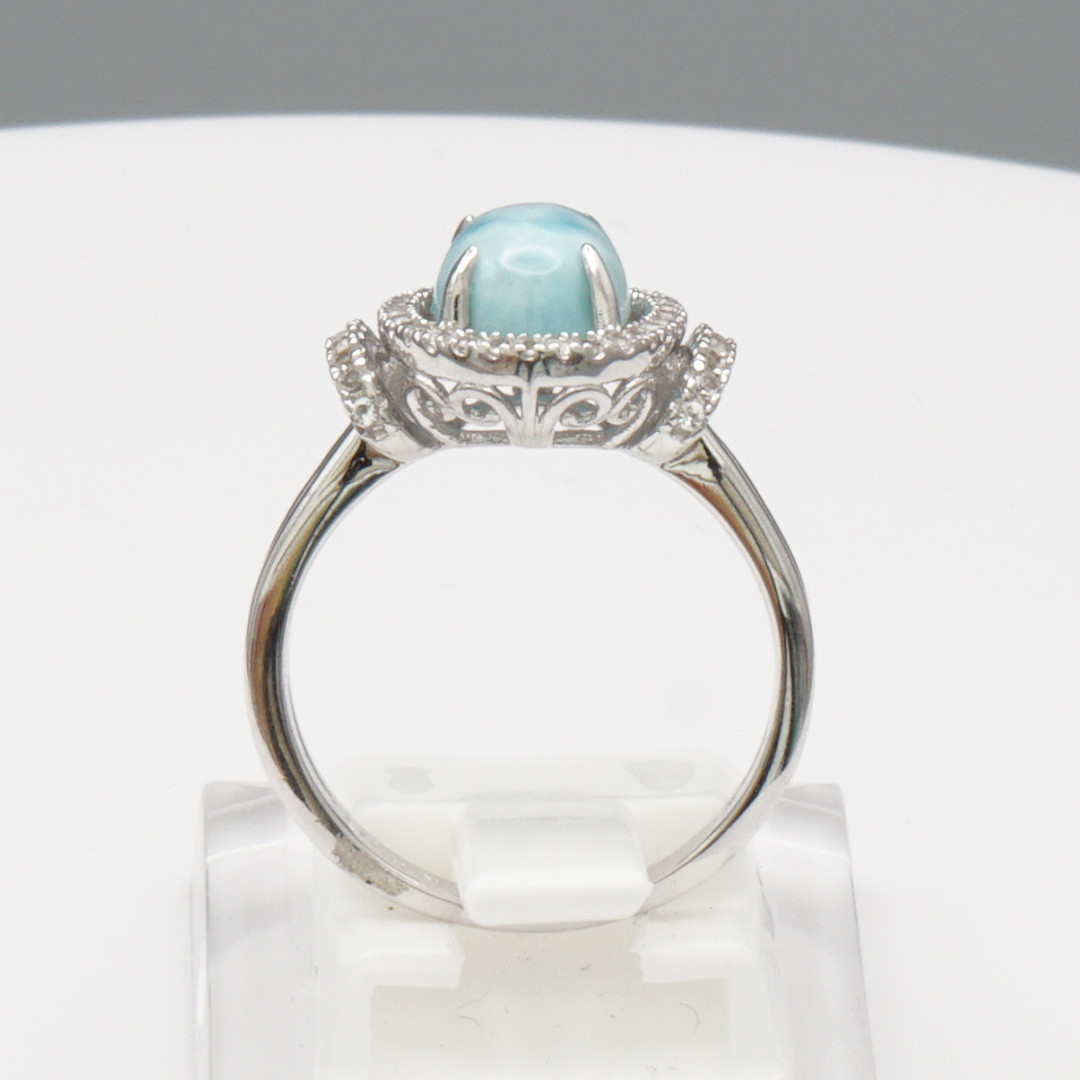 925 Silber Damenring mit natürlichem Larimar und Weißtopas