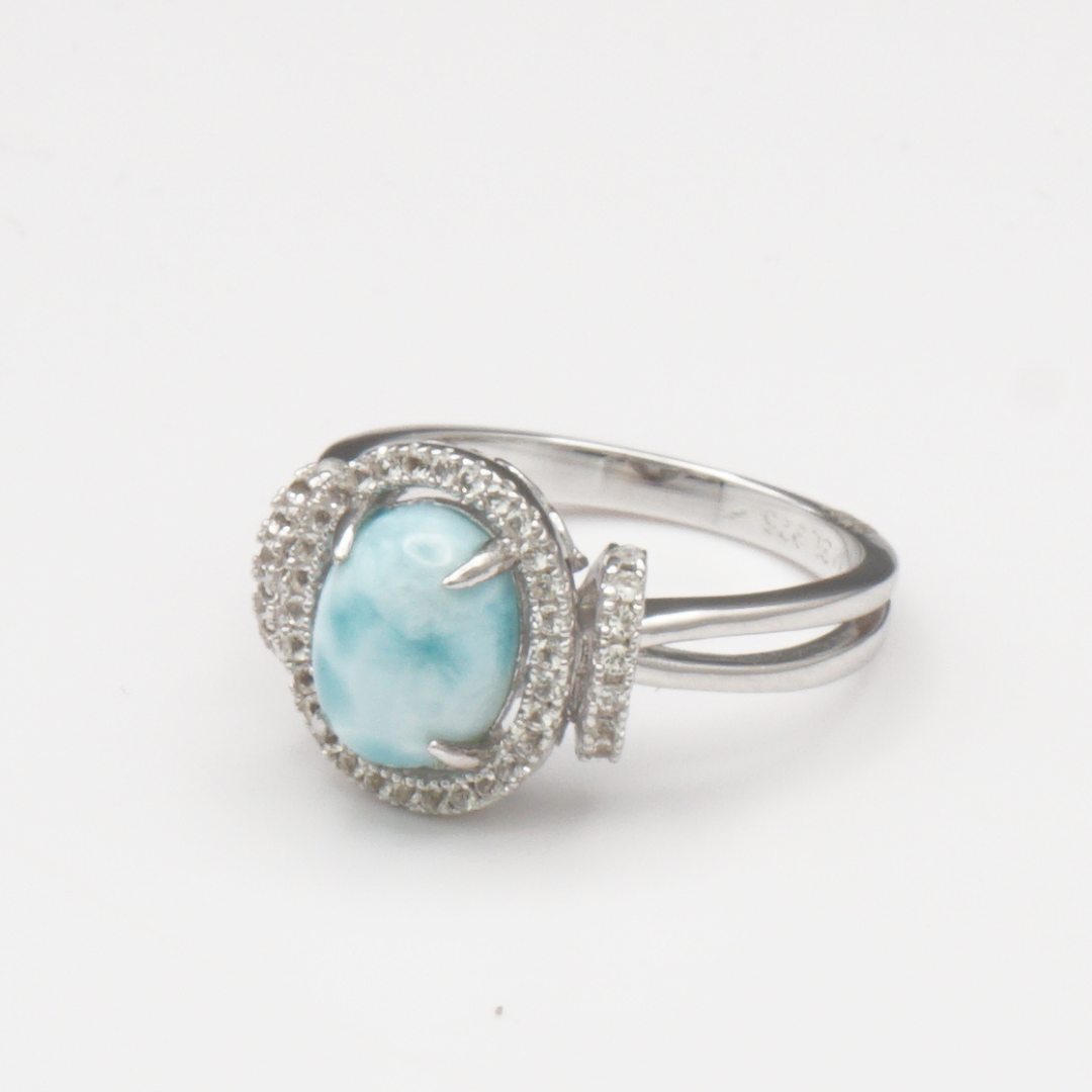 925 Silber Damenring mit natürlichem Larimar und Weißtopas