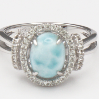 925 Silber Damenring mit natürlichem Larimar und Weißtopas
