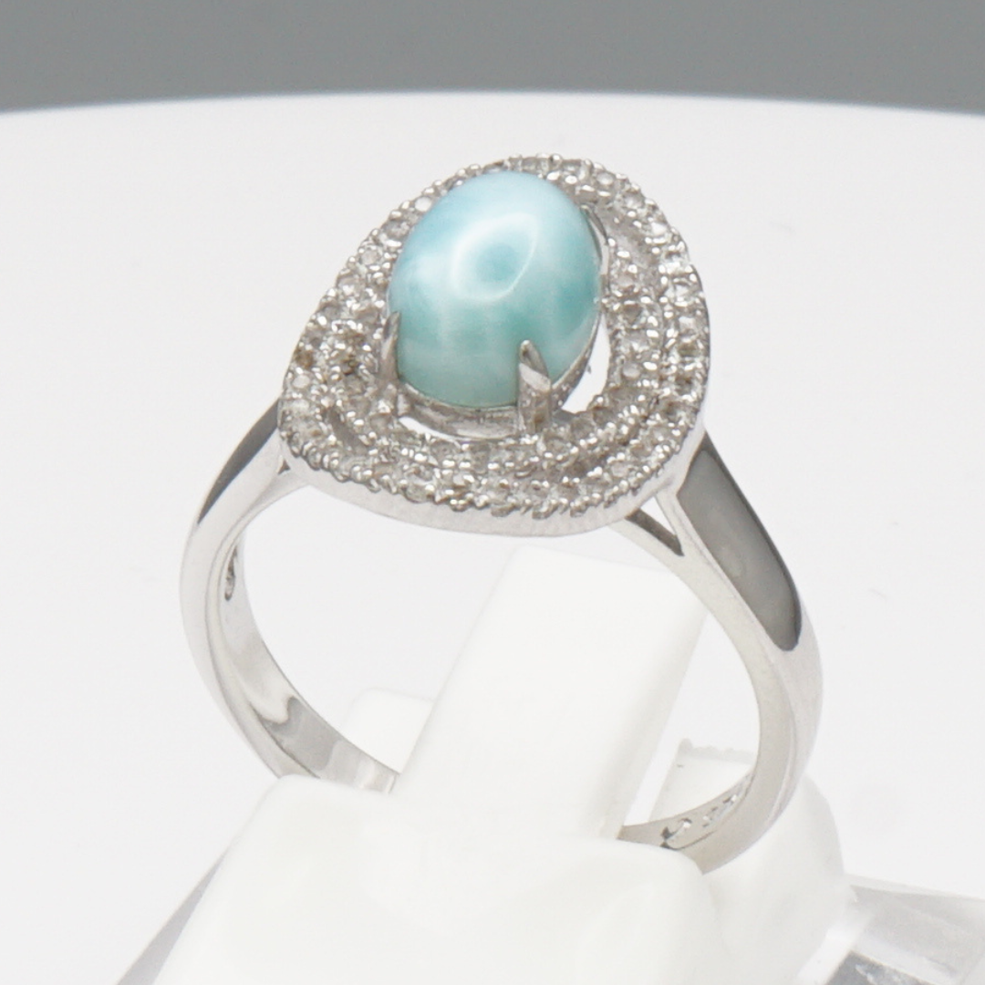 925 Silber Damenring mit natürlichem Larimar und Weißtopas