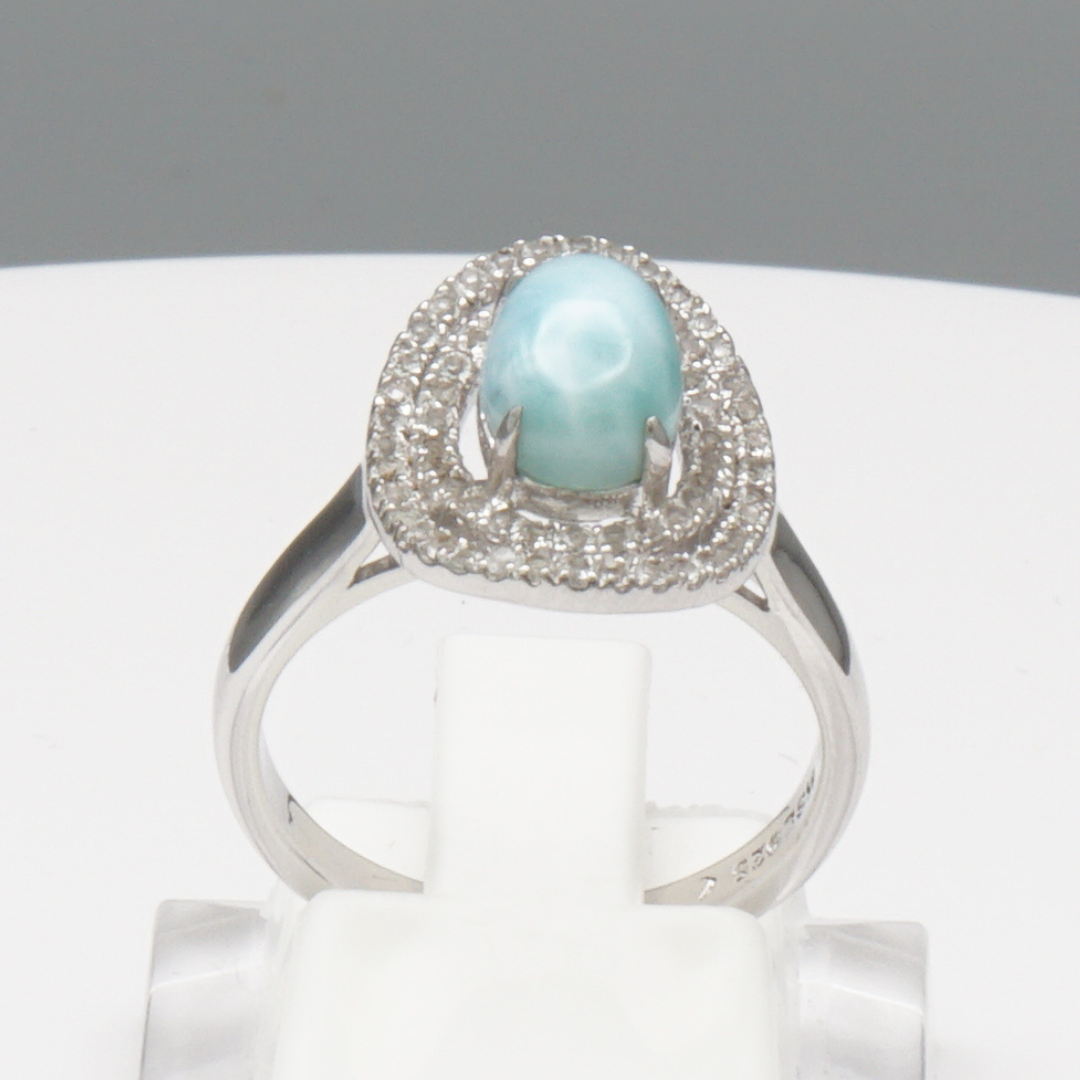 925 Silber Damenring mit natürlichem Larimar und Weißtopas