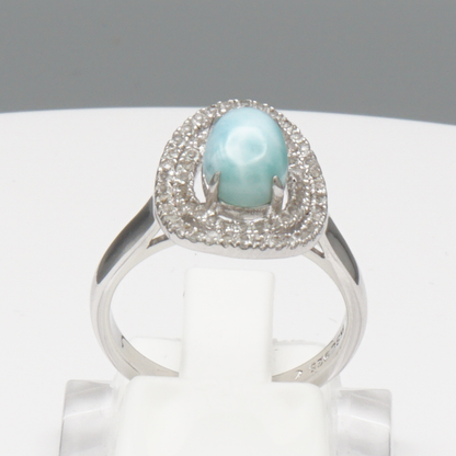 925 Silber Damenring mit natürlichem Larimar und Weißtopas