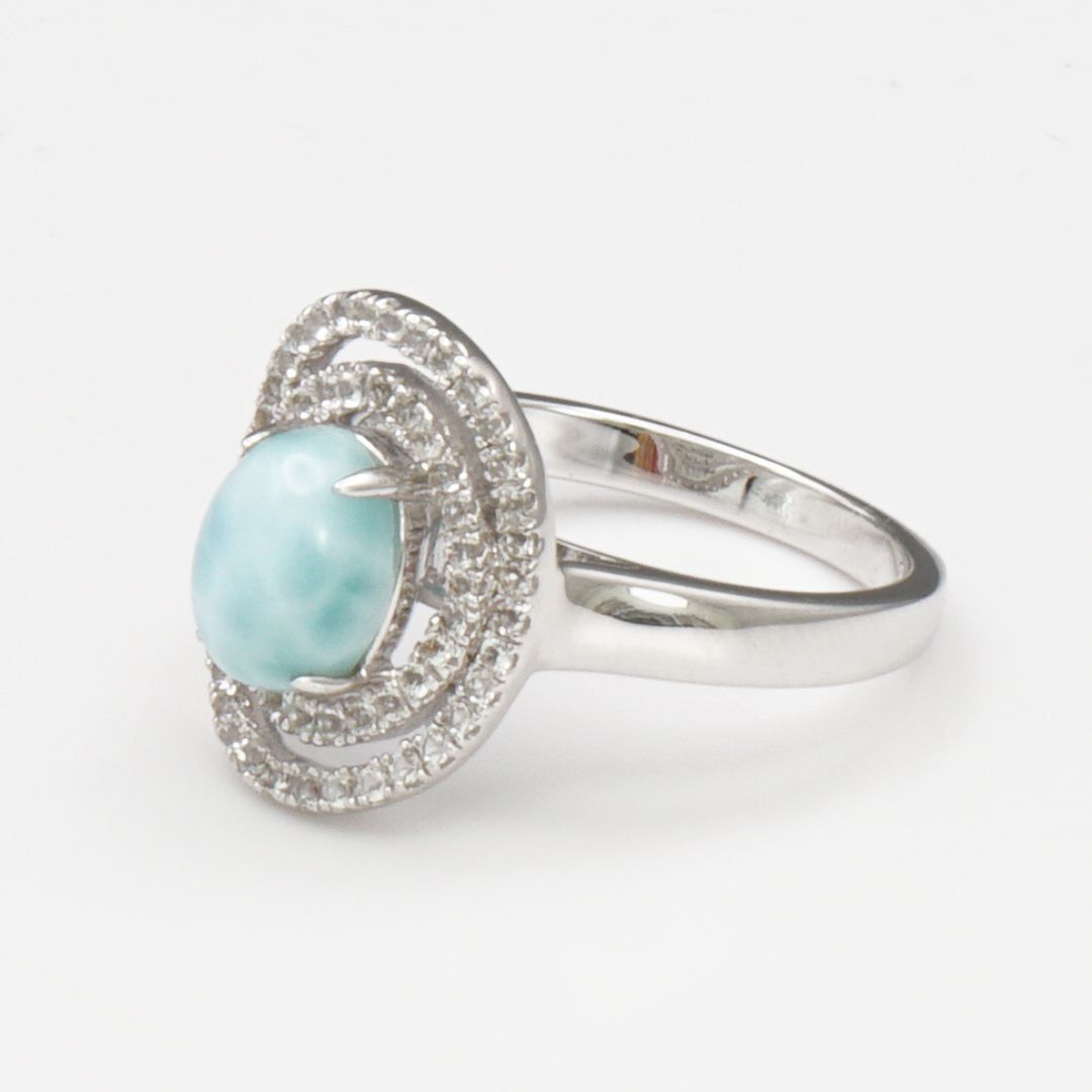 925 Silber Damenring mit natürlichem Larimar und Weißtopas