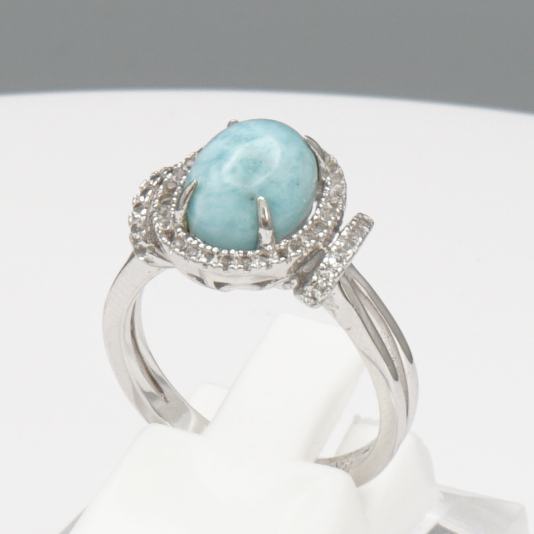925 Silber Damenring mit natürlichem Larimar und Weißtopas