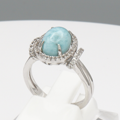 925 Silber Damenring mit natürlichem Larimar und Weißtopas