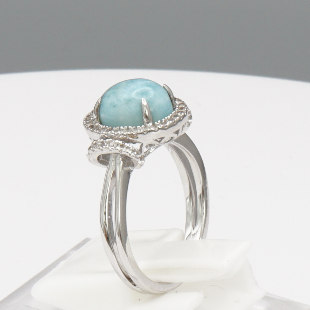 925 Silber Damenring mit natürlichem Larimar und Weißtopas