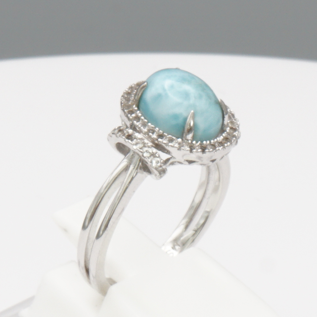 925 Silber Damenring mit natürlichem Larimar und Weißtopas