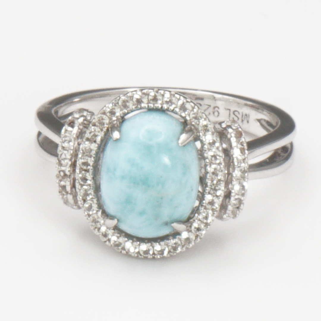 925 Silber Damenring mit natürlichem Larimar und Weißtopas