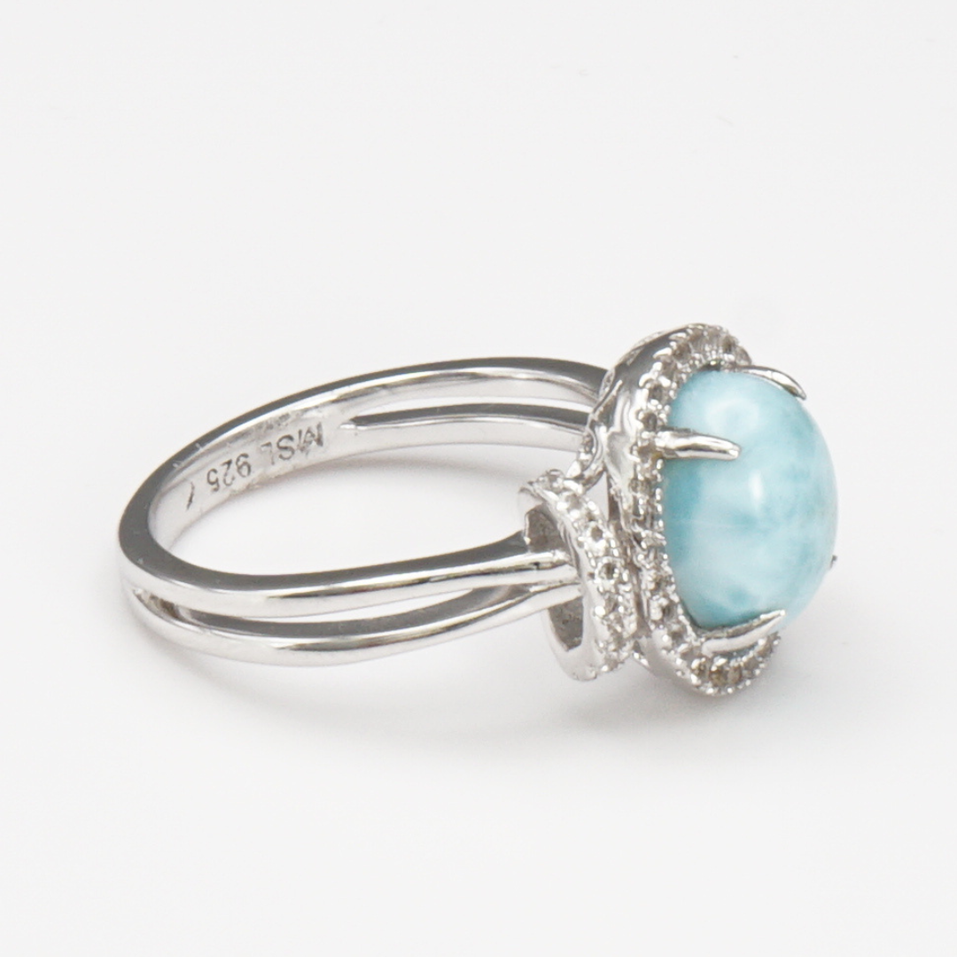 925 Silber Damenring mit natürlichem Larimar und Weißtopas