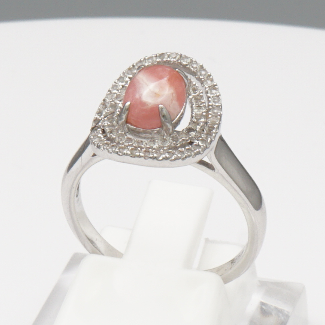925 Silber Damenring mit natürlichem  Rhodochrosit  und Weißtopas