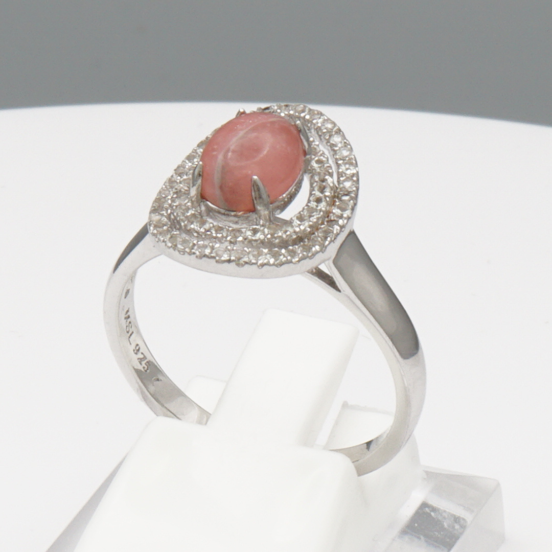 925 Silber Damenring mit natürlichem Rhodochrosit und Weißtopas