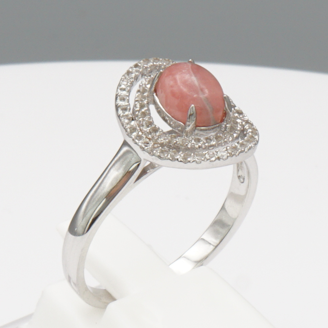 925 Silber Damenring mit natürlichem Rhodochrosit und Weißtopas