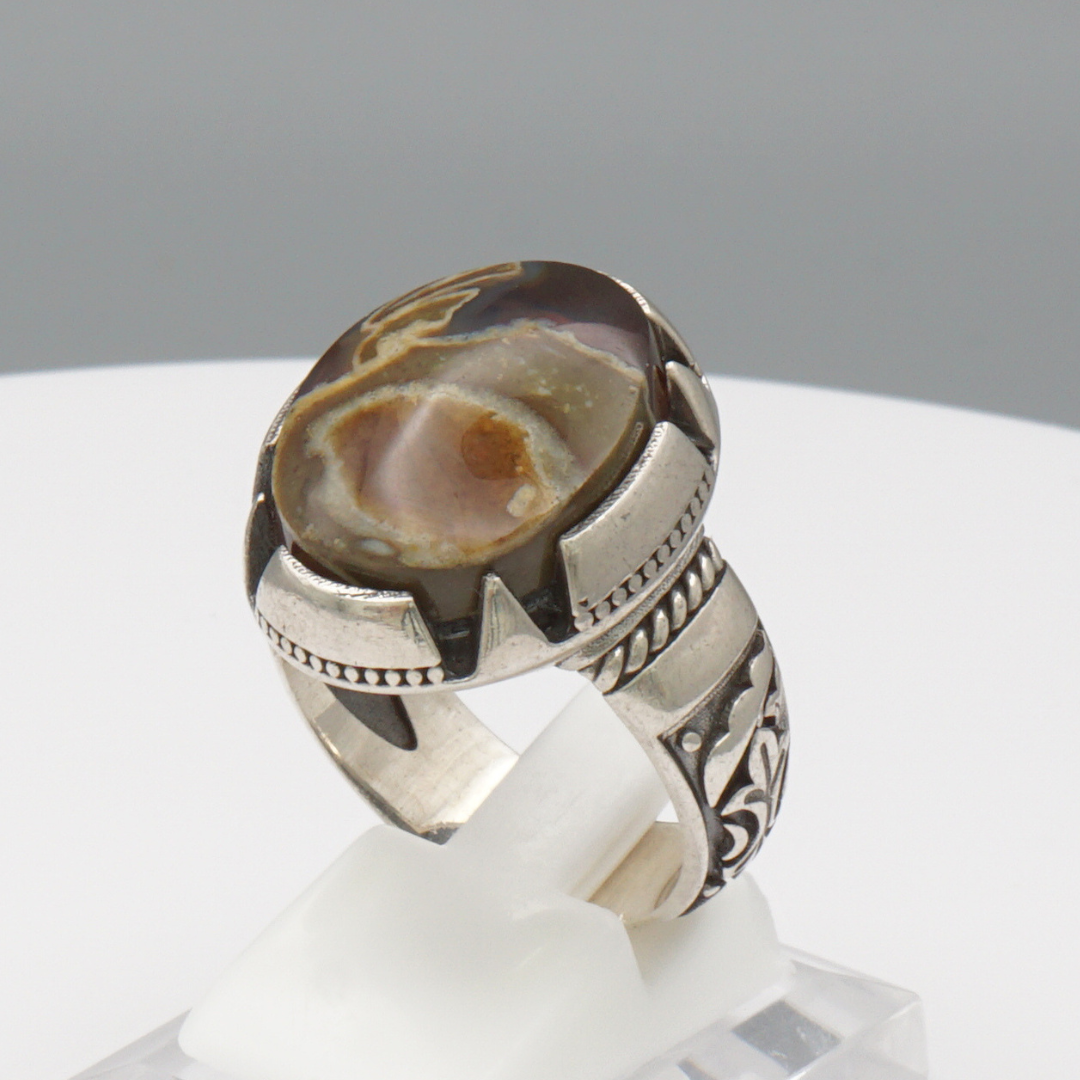 925 Silber Herrenring mit echtem Jemen Achat - Aqeeq Yamani